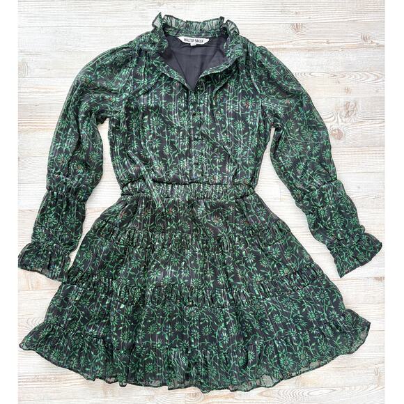Walter Baker Tezza Gathered Floral Metallic Chiffon Mini Dress In Forest Tulip 0 - Picture 1 of 9